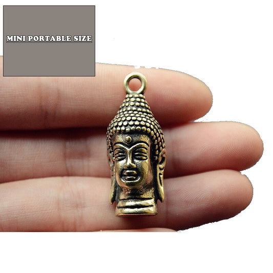 Mini Brass Vintage Buddha Head Statue Portable Keychain Decoration Ornament Sculpture Home Office Desk Ornament Funny Toy Gift