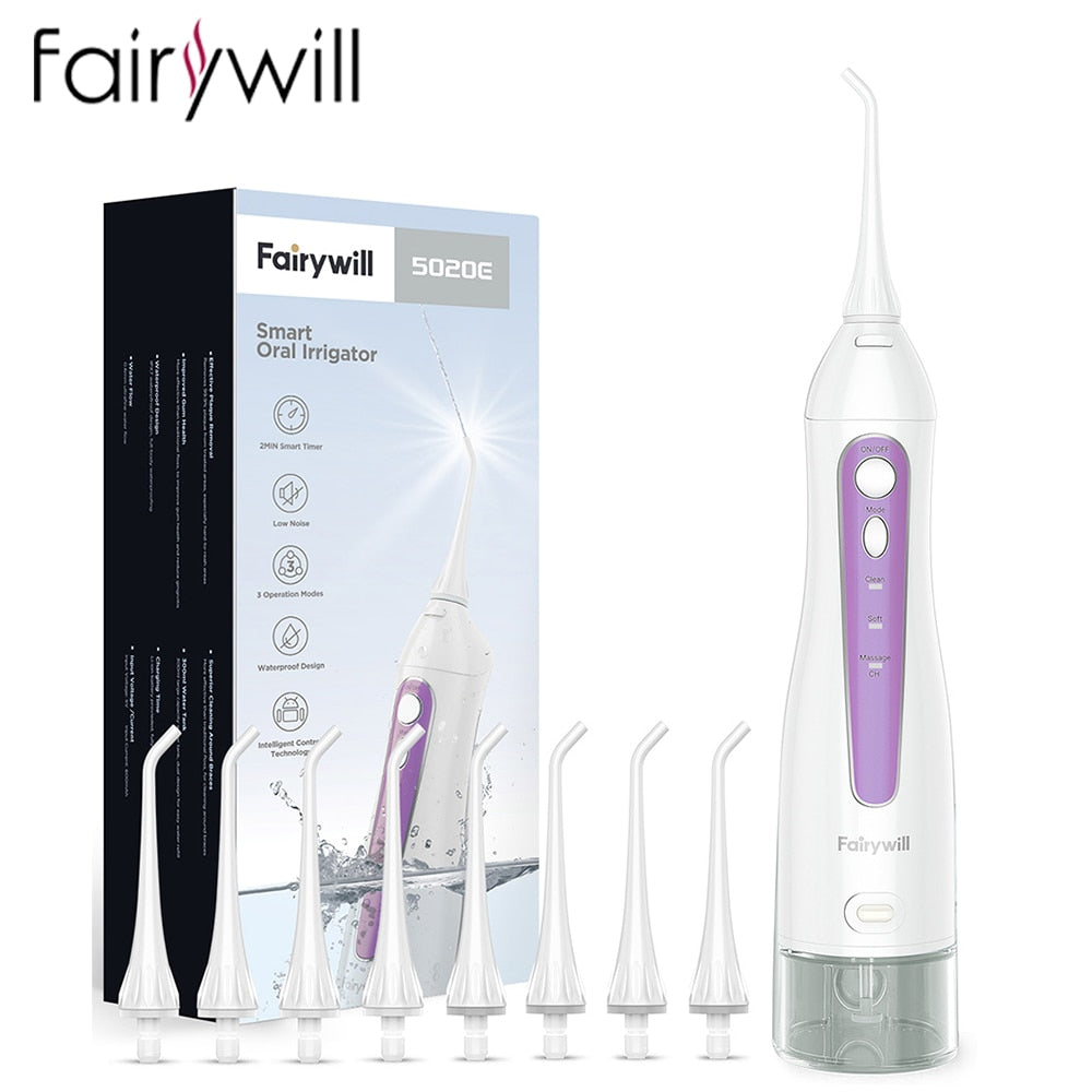 Fairywill Portable Oral Irrigator USB 300ml Rechargeable Dental Water Flosser Irrigator Dental Teeth Cleaner 3 Modes for Adult