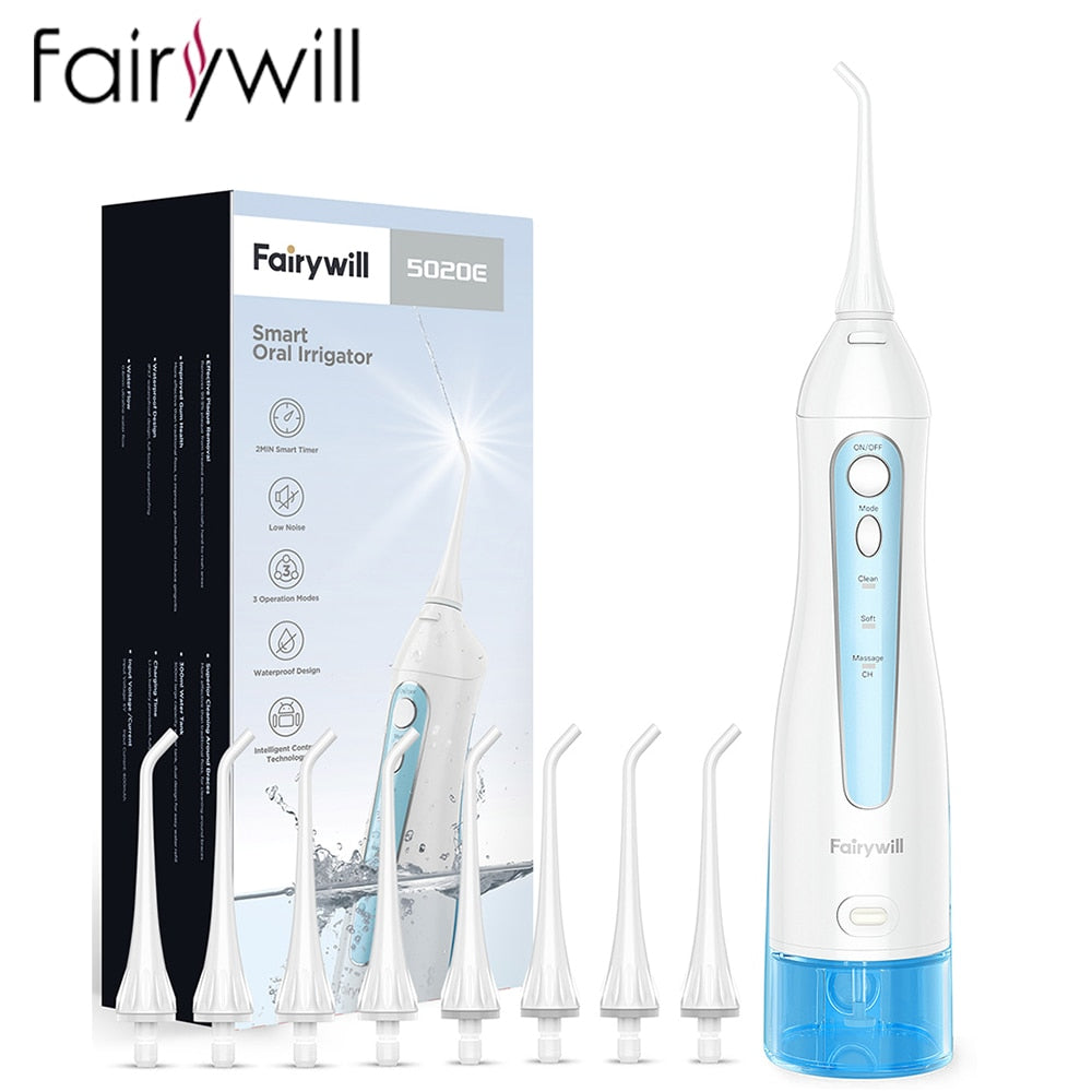 Fairywill Portable Oral Irrigator USB 300ml Rechargeable Dental Water Flosser Irrigator Dental Teeth Cleaner 3 Modes for Adult